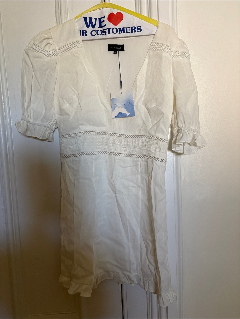 MAJORELLE White V-Neck Crochet-Trim Mini Dress
